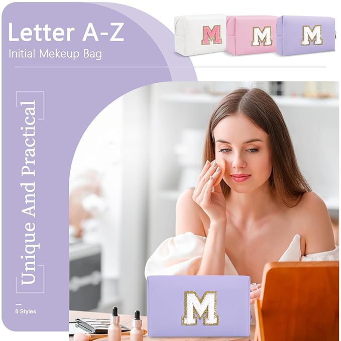Personalized Makeup Bag Initial A-Z Preppy Patch Bag,Small PU Leather Travel Cosmetic Bag Pouch with Zipper,Purple Cute Toiletry Bag,Gift Ideal for Teen Girls Women Birthday Friend Mom,Latter M