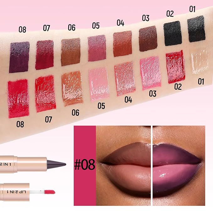 2-in-1 Dual-Ended Lip Liner Lipstick & Gloss Set, Lip Combo with Mirror Effect, Smooth Matte Lip Liner and Moisturizing Lightweight Lip Plumping set for Women, 08 Fuchsia