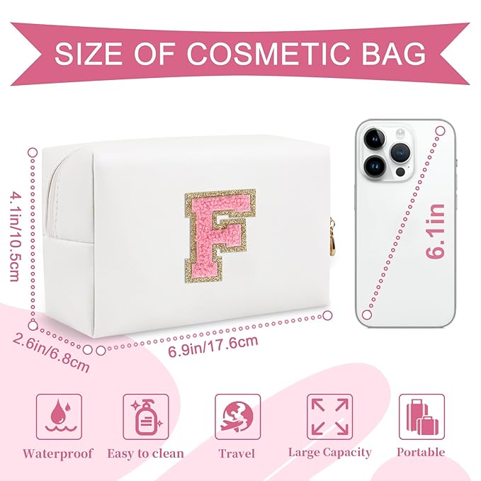 Personalized Makeup Bag Initial A-Z Preppy Patch Bag,Small PU Leather Travel Cosmetic Bag Pouch with Zipper,White Cute Toiletry Bag,Gift Ideal for Teen Girls Women Birthday Friend Mom,Letter F