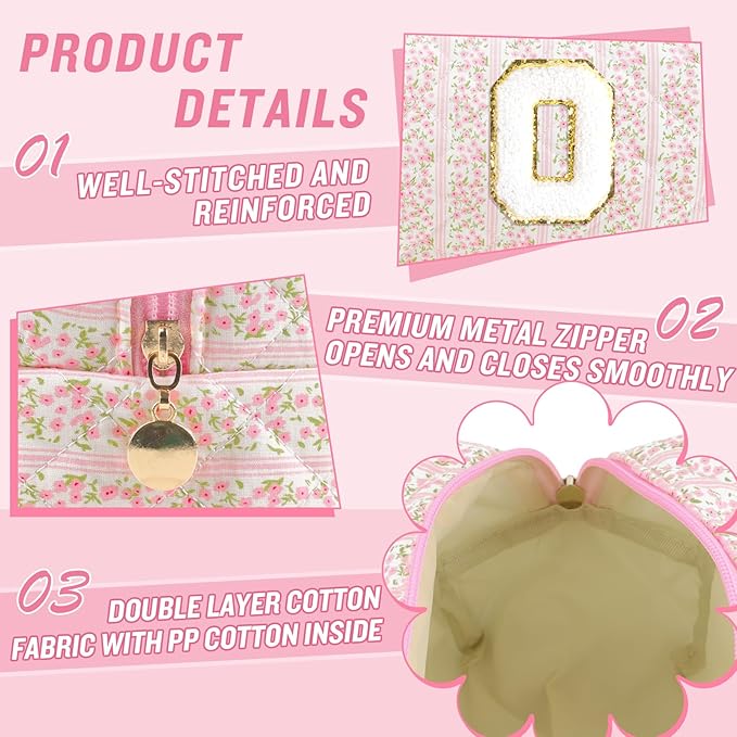 Personalized Quilted Cosmetic Bag, Puffy Monogrammed Christmas Birthday Gifts for Women & Girls, Cute initial Floral Makeup Bag Puffer Coquette Bag, Aesthetic Travel Toiletry Zipper Pouch(Pink,O)