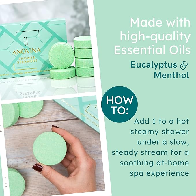 Anovina Eucalyptus & Menthol Shower Steamers – Aromatherapy Shower Tablets with Soothing Vapors – Made in USA – Shower Bomb Gift Set for Men & Women