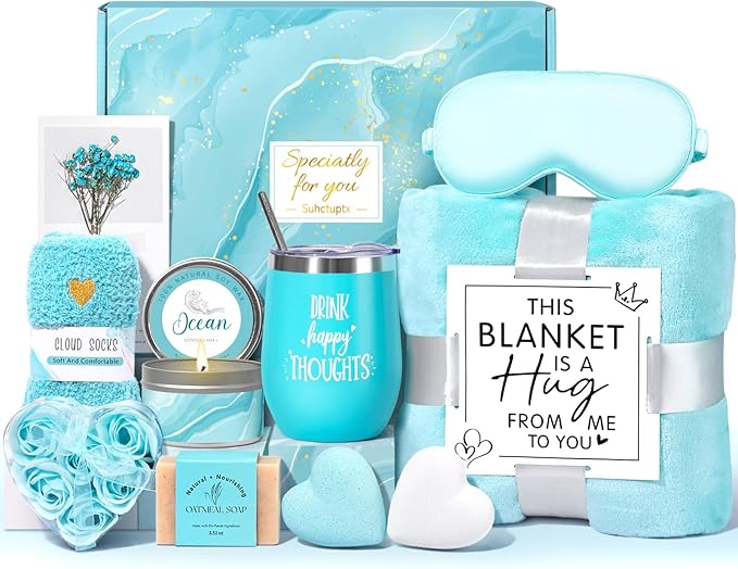 Birthday Gifts for Women, Christmas Self Care Gifts Get Well Soon Gifts Basket, Ocean Relaxing Spa Gifts Care Package w/Luxury Flannel Blanket, Unique for Mom Her Friend Sister