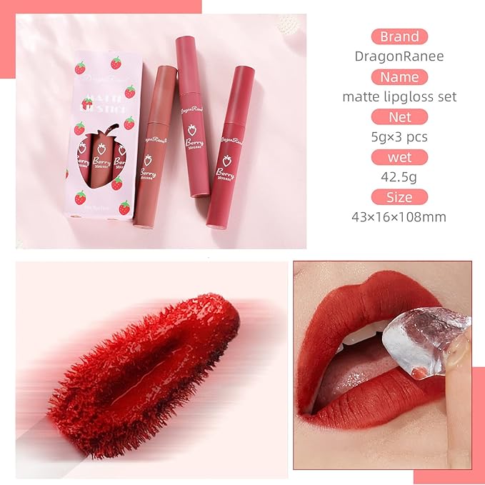 Sulily 3Pcs Dark Red Matte Lipstick Set,Red Matte Lipstick Long Lasting for Women,Velvet Air Moisture Smooth Crayon Lip Stain,24 Hours Wear Non-Stick Cup Not Fade Waterproof Lip Gloss Makeup