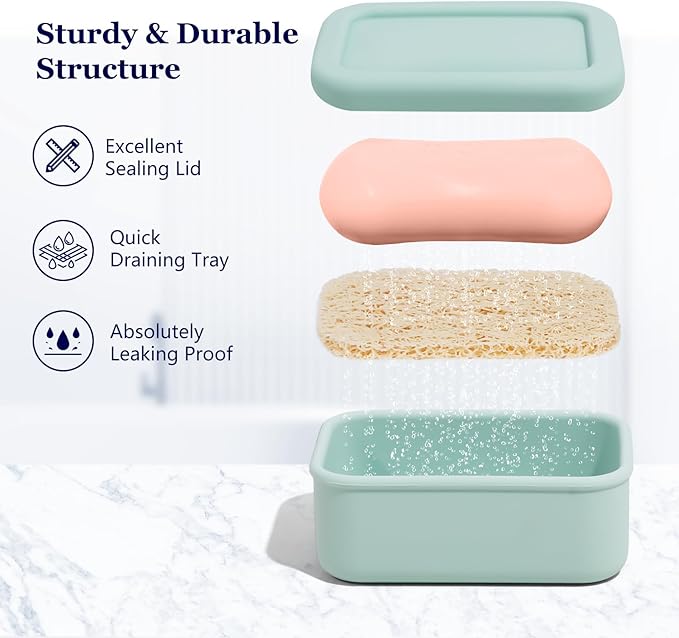 Leak Proof Silicone Travel Soap Case with Draining Layer, Travel Size Toiletry, Portable Soap Container for One Regular Bar Soap Perfectly, Shatter-Proof Soap Holder for Bathroom, Gym (Mint Green)