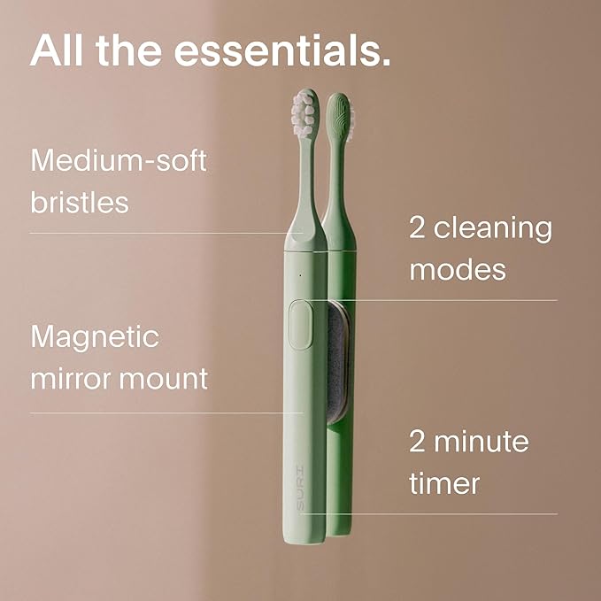 SURI 1.0 Sonic Electric Toothbrush with UV Cleaning Travel Case | 1 Month+ Battery | Designed in California | Electric Toothbrush for Adults | Travel Toothbrushes | Tooth Brush | Green