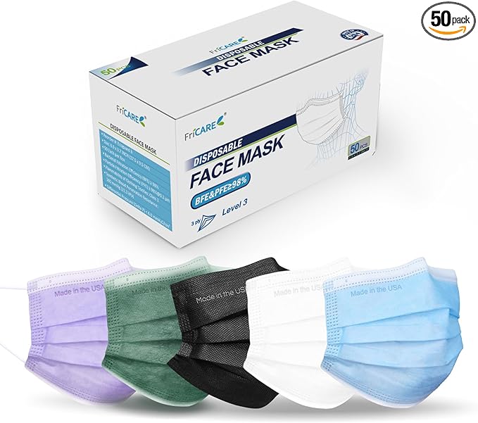 FriCARE Made in USA Disposable Face Masks, 3-Ply ASTM Level 3 Medical Grade, Breathable & Comfortable for Adult Daily Work/Sun Protection, 50 Pack Jungle Mist