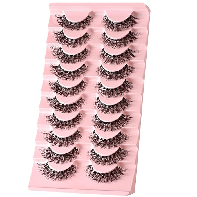 FARRED Cat Eye Lashes Natural Fake Strip Eyelashes Invisible Band Mink Eyelash Strips Wispy Full Volume False Lash Pack 10 Pairs 8-14 mm Short Demi Wispies Pestañas Postizas that Looks Like Extensions
