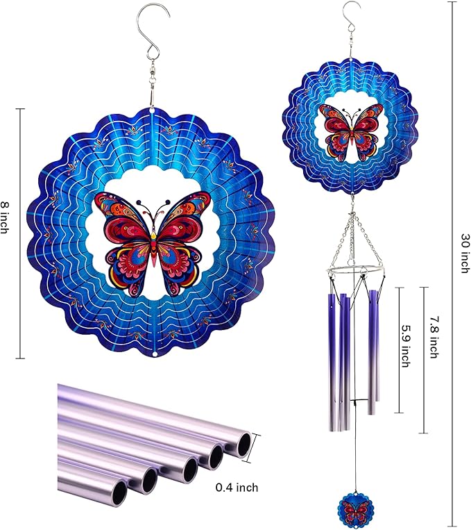 Wind Chimes with Butterfly Wind Spinner, Mom Gifts for Christmas Grandma Mom Women Birthday Retirement Teacher, 31" Windchimes Outdoor Decor Hanging Mobile for Garden Porch Patio Backyard