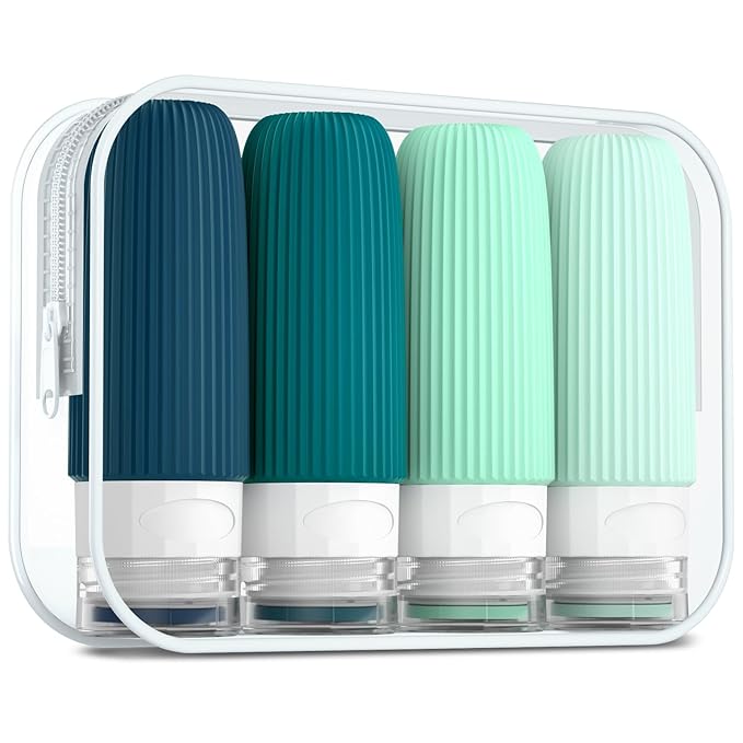 Travel Bottles for Toiletries, Tsa Approved 2oz Travel Bottles, BPA Free Leak Proof Travel Size Toiletry Containers, Refillable Travel Accessories with Toiletry Bag for Shampoo Liquid (4 Pack)