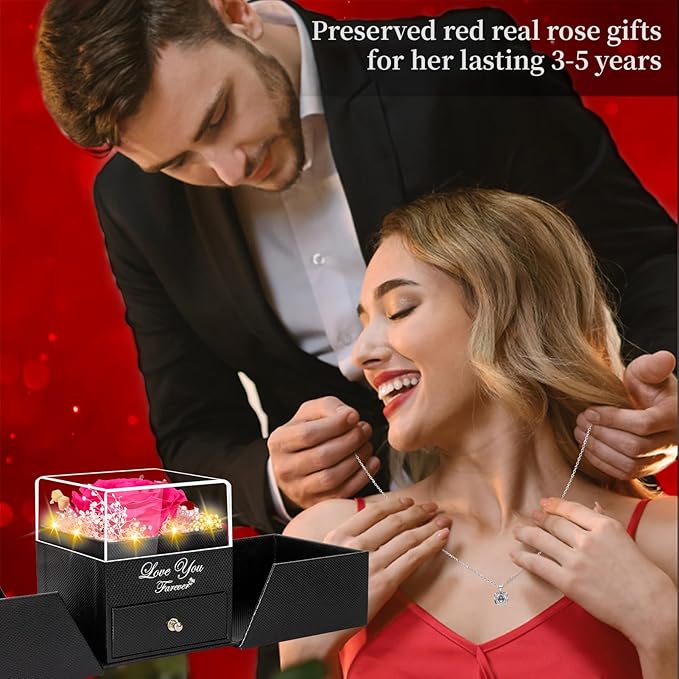 Preserved Dark Pink Real Rose with Heart I Love You Necklace -Eternal Flowers Rose Birthday Gifts for Women Her Mom Wife Girlfriend Grandma on Valentines Mothers Day Christmas Anniversary Romantic