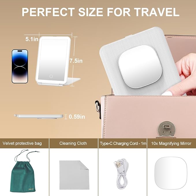 Mocado LED Foldable Travel Makeup Mirror - 5x7 inches 3 Colors Light Modes USB Rechargeable Touch Screen, Portable Tabletop Cosmetic Mirror for Travel, Cosmetic, Office (White)