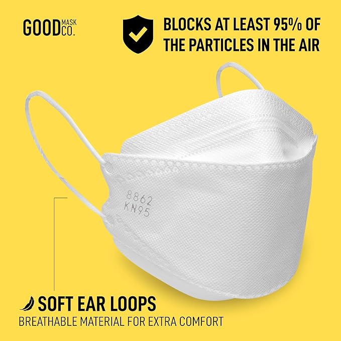 Good Mask Co. Good Comfort KN95, Disposable KN95, Folding, Comfortable, Bulk Face Masks (25 Pack of Masks, White)