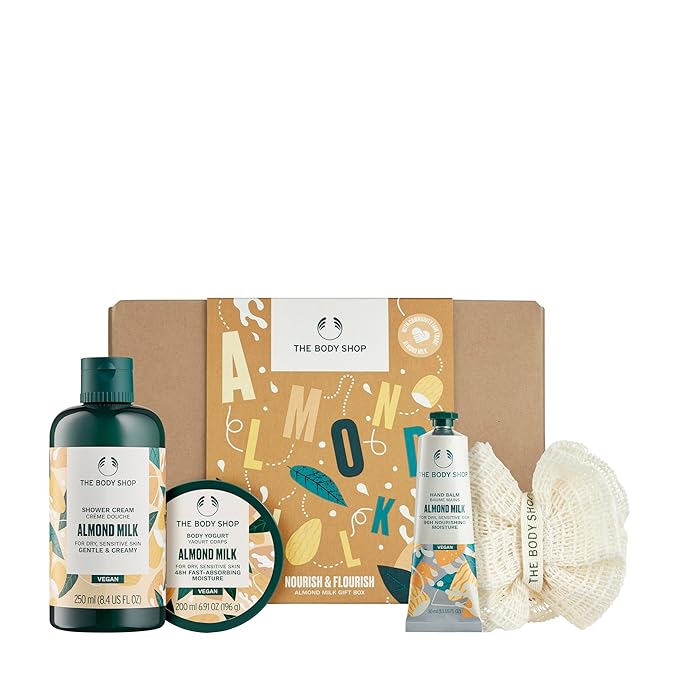 The Body Shop Nourish & Flourish Almond Milk Gift Box - 3 Piece Set, Shower Cream, Body Yogurt, Hand Balm, Vegan