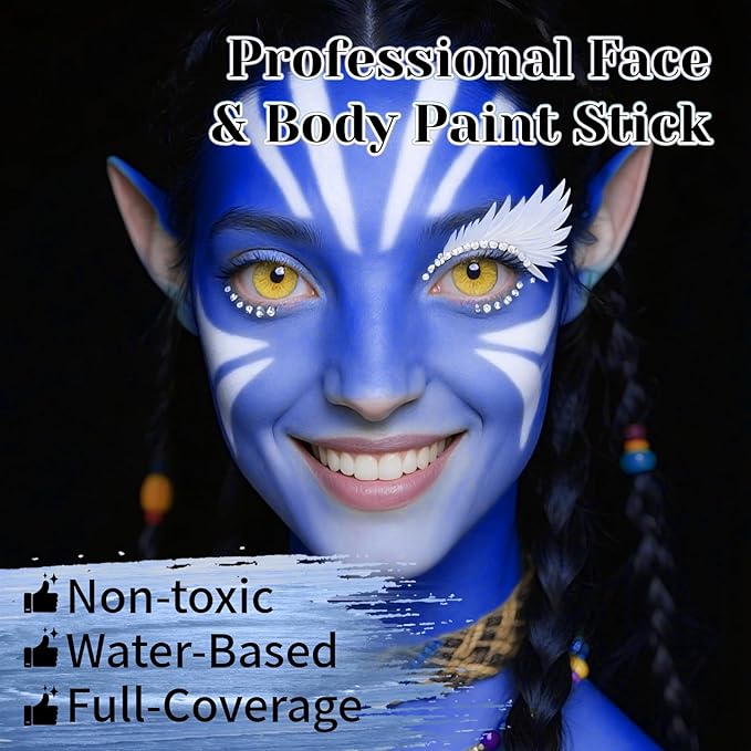 White Blue Face Body Paint Stick Set with Translucent Setting Powder and Sponges, Professional Full Coverage Face Painting for Adults Halloween Cosplay SFX Avatar Corpse Bride Skull Makeup