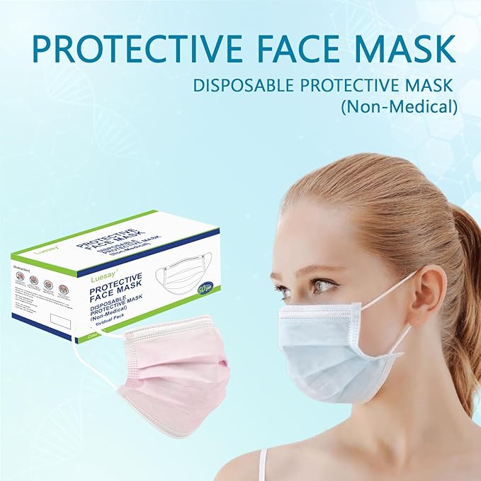 50PCS Disposable Masks Individually Packed 3-Layer Protection Suitable for Adults Elderly and Children.