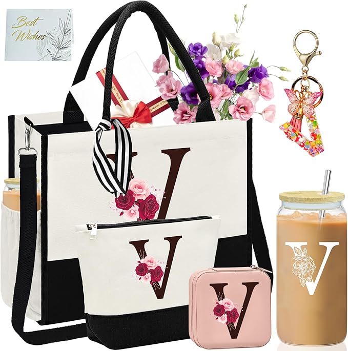 Birthday Gifts for Women,Initial Canvas Tote Bag,Monogrammed Gift for Women,16oz Initial Glass Cup,Makeup Bag with Zipper,Jewelry Organizer Box,Personalized Gifts for Mom-V