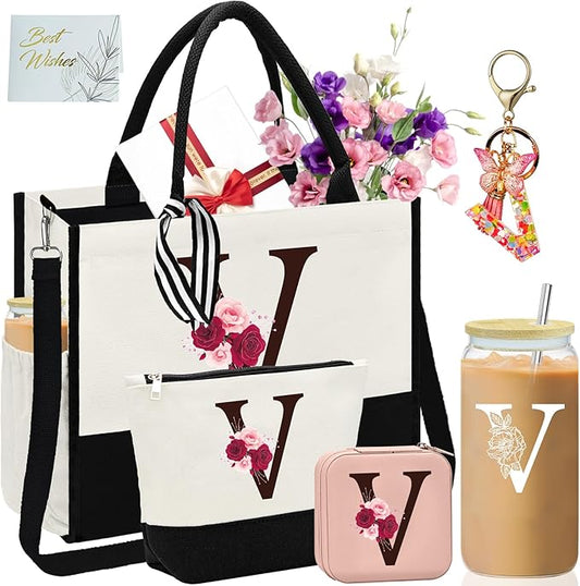 Birthday Gifts for Women,Initial Canvas Tote Bag,Monogrammed Gift for Women,16oz Initial Glass Cup,Makeup Bag with Zipper,Jewelry Organizer Box,Personalized Gifts for Mom-V