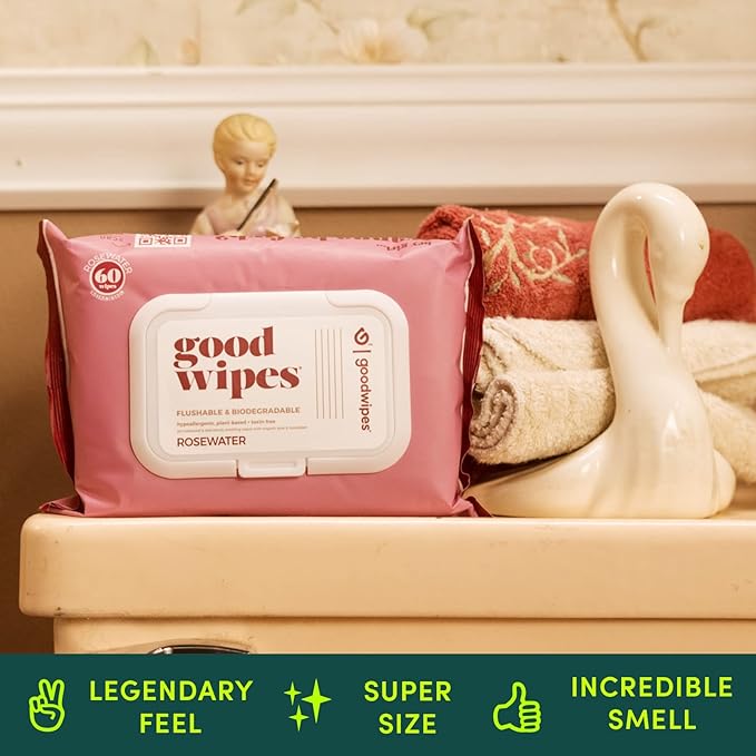 Goodwipes Flushable Wipes – Made with Vitamin E & Aloe – Soft, Individually Wrapped Butt & Feminine Cloths for On-the-Go & Travel Use – Largest Adult Toilet Towelettes – Rosewater, 1 pack, 32 count