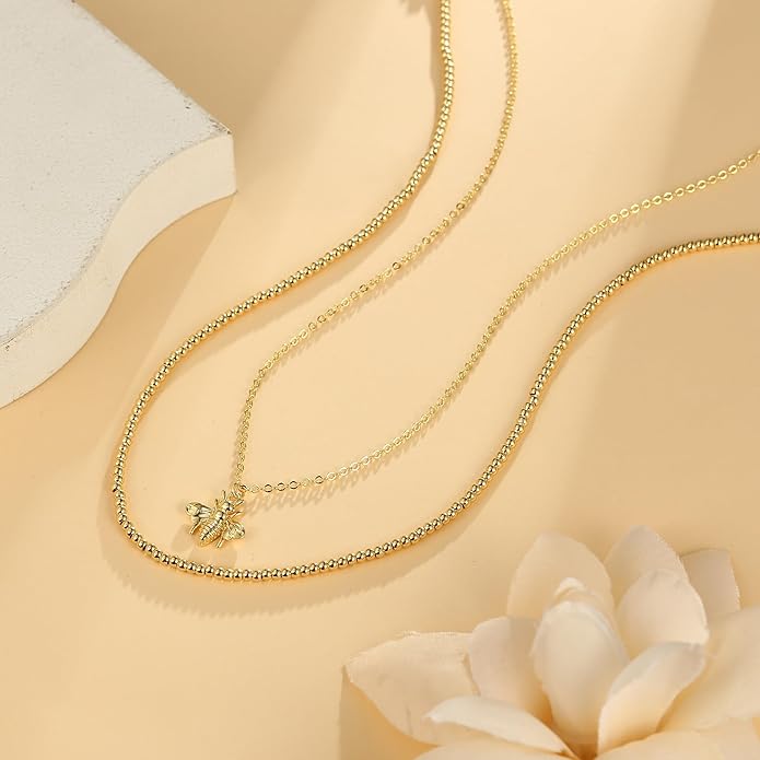 Dainty Gold Heart Necklace for Women - 14K Gold/Silver Plated Cute Heart Handmade Disc Circle Bee Choker Adjustable Necklace for Women Trendy Jewelry