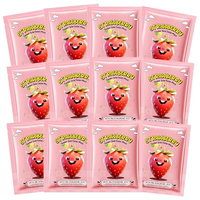 Kaely 12 Pack Strawberry Face Masks for Kids, Kids Face Mask Spa Day Kit Supplies, Spa Party Favors for Teens Girls Women, Sheet Facial Mask Skincare Gifts Set, Moisturize for All Skin Types, 06