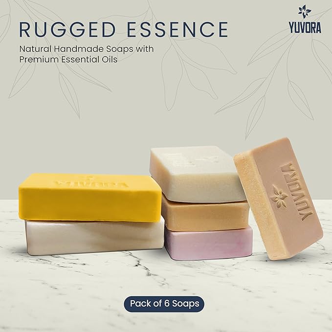 6 Pcs Men Natural Handmade Body Soaps 5 OZ Pack Set Rugged Essence Long lasting Fragrance Luxurious Scents with Natural Ingredients – Sulfate & Paraben Free, Vegan Soap