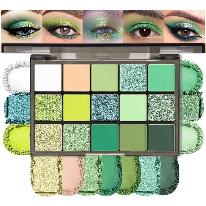 15 Colors Green Matte & Shimmer Eyeshadow Palette - Olive Teal GreenYellow DarkSeaGreen LimeGreen Pink White Eye Shadow Primers Powder for Smoky Looks, Makeup Artist Friendly, Vegan & Cruelty-Free
