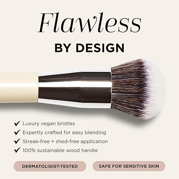 HALEYS Kabuki Makeup Brush + GWP Skin Tint Mini, VEGAN+CRUELTY-FREE, Sustainable Wood, Vegan Bristles for Airbrushed Finish, For Creams, Liquids, Powder, Streak-free, Perfect Blending, Buffs, Blurs