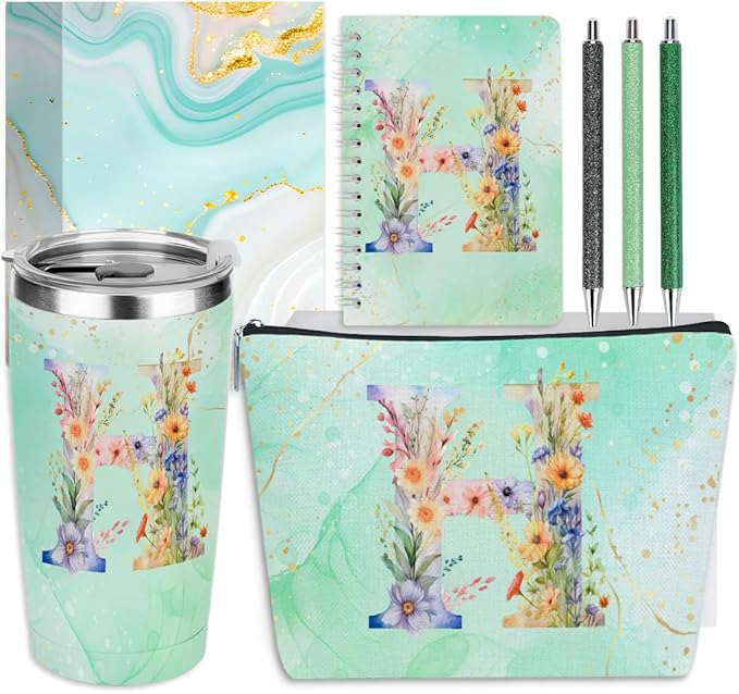 Personalized Gifts Monogrammed Birthday Gifts for Women, Bridesmaid Bachelorette Party Christmas Initial 20 oz Tumbler, Makeup Bag Cup Ballpoint Pens Journal Notebook 6 Set, (Aesthetic Green Flower H)