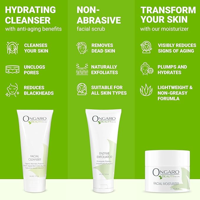 Ongaro Beauty Your Best Skin Today Set - Hydrating Facial Cleanser Wash, Gentle Exfoliating Face Scrub, and Hydrating Face Moisturizer, Complete Skincare for All Skin Type for Men & Women - 12 Fl Oz