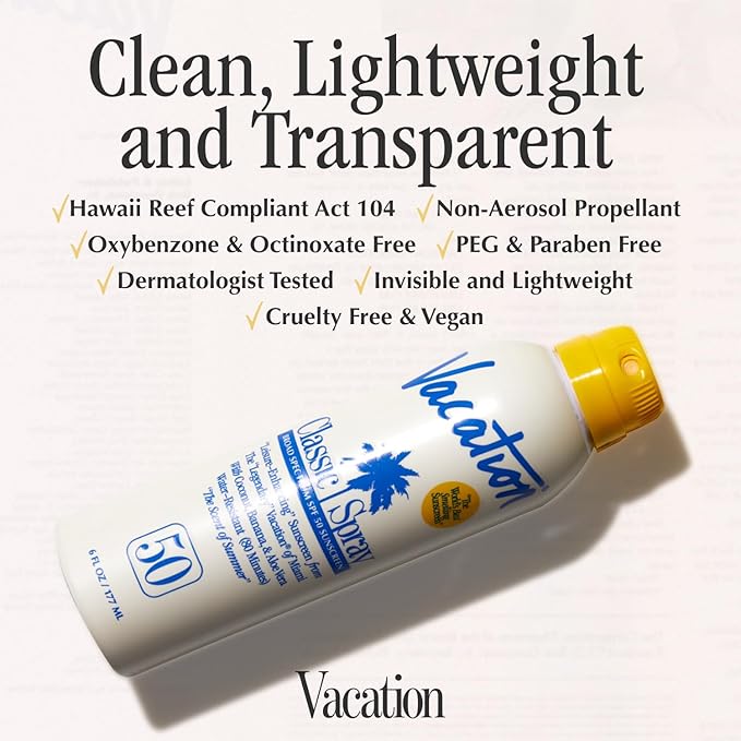 Vacation Classic Sunscreen Spray SPF 50 & Air Freshener Bundle, Water-Resistant, Lightweight, Transparent on All Skin Tones, Dermatologist-Tested, Vegan, 6 Fl. Oz.
