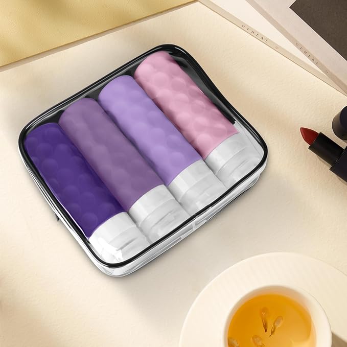Travel Bottles for Toiletries, 4pcs Tsa Approved 3oz Travel Size Containers, BPA Free Leak Proof Premium Silicone Bottles, Refillable Liquid Squeezable Accessories W/Toiletry Bag(Purple)
