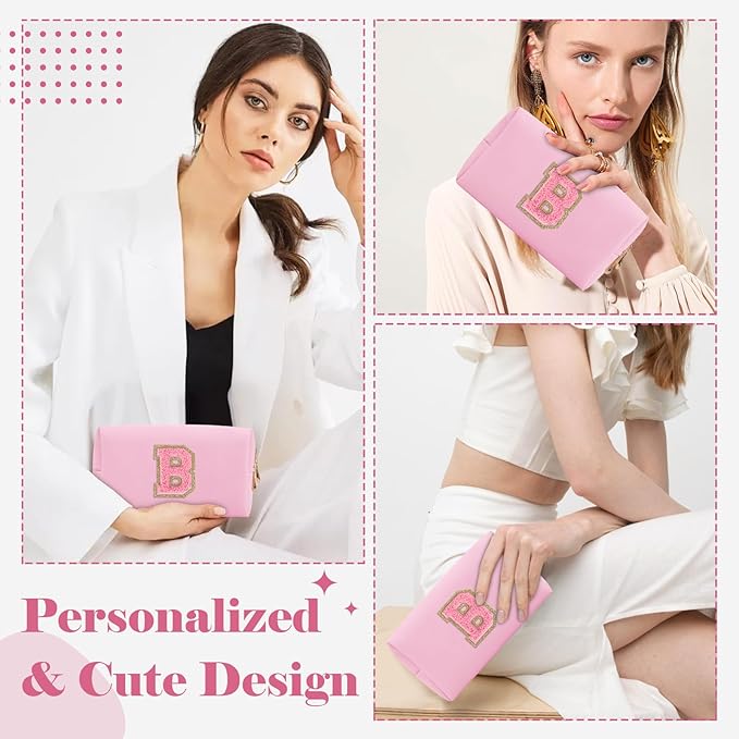Personalized Initial A-Z Preppy Patch Makeup Bag,Small PU Leather Chenille Letter Cosmetic Bag with Zipper for Teen Girls,Pink Cute Travel Toiletry Bag,Birthday Monogrammed Gift for Daughter,Letter B
