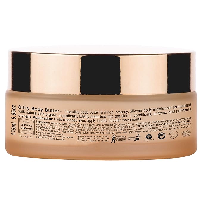 Gratiae organic beauty by nature silky body butter, anti aging skin care shea butter, moisturizer, hydrating stretch mark cream, firming, neck & Décolleté, Apple, Green Tea, and Ginger 5.95Fl.oz