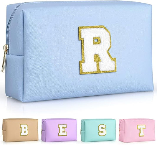 TOPEAST Cosmetic Travel Bags for Women, Preppy Small Makeup Bag, PU Leather Waterproof Toiletry Bag, Unique Friendship Gifts for Friends Coworker, Cute Stuff for Girls (Sky Blue R)