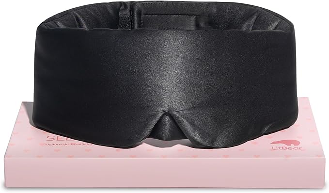 LitBear Silk Sleep Mask for Side Sleeper, Eye Mask Sleeping for Women Men 100% 22 Momme Pure Mulberry Silk, Face-Hugging Padded Eye Cover for Sleeping with Adjustable Band (Black)