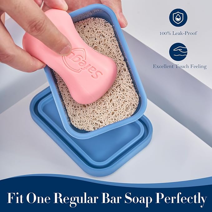 Leak Proof Silicone Travel Soap Case with Draining Layer, Travel Size Toiletry, Portable Soap Container for One Regular Bar Soap Perfectly, Shatter-Proof Soap Holder for Bathroom, Gym (Dark Blue)