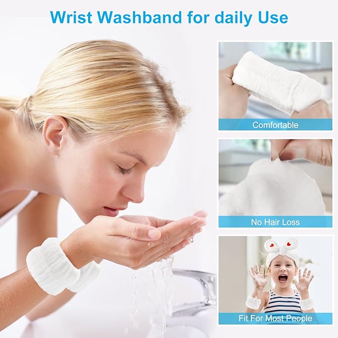 4Pack Headband and Wristband Set for Washing Face, Spa Skincare Makeup Headband, Soft Puffy Hair Band Bow Tie, for Women and Teen Girl Trendy Stuff Gifts