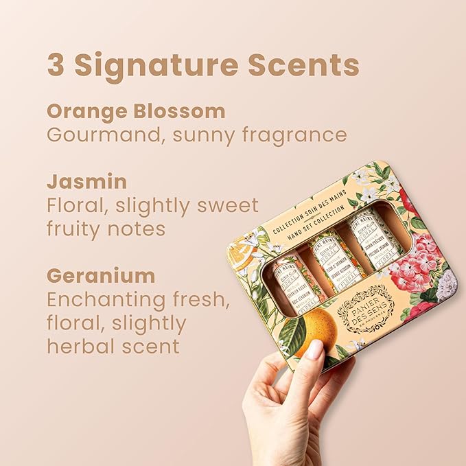 Panier des Sens - Mini Hand Cream Set - Birthday, Gifts for Women - Orange Blossom, Jasmine, Geranium Natural Hand Cream - Gift Ideas Made in France - 96% Natural - Hand Lotion Travel Size 3x1 Floz