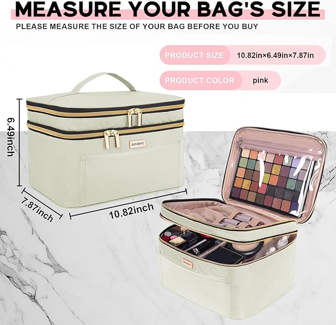 8.8L Double Layer Travel Makeup Bag Women, Large Cosmetic Case, Organizer for Travel-Size Accessories Bottles, Brushes, and Skin Care Products, Beige 2.33 GAL