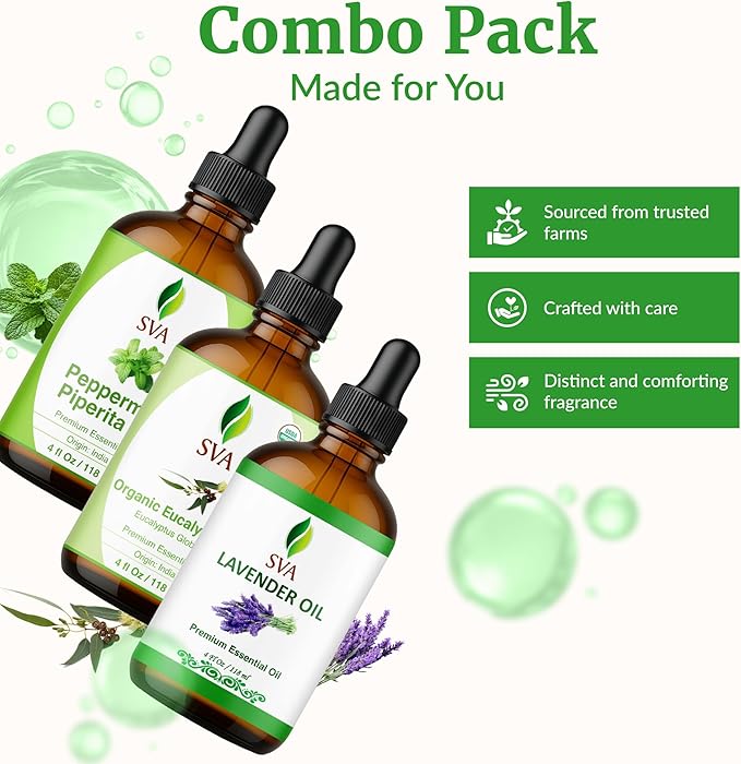 SVA Peppermint, Lavender and Eucalyptus Essential Oil 4oz Bundle Super Saver Combo – Premium Grade Value Set for Aromatherapy, Scalp Massage, Hair Care, Skin & Body