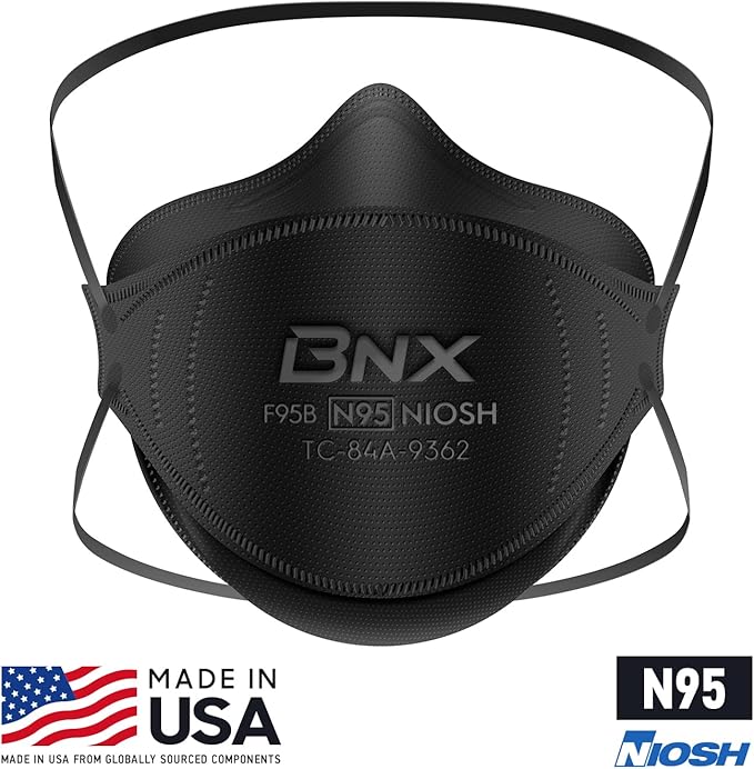 BNX N95 Mask NIOSH Certified MADE IN USA Face Mask, Tri-Fold Cup/Fish Style, 10,20,50-Pack - Black, White (Model F95B,F95W)