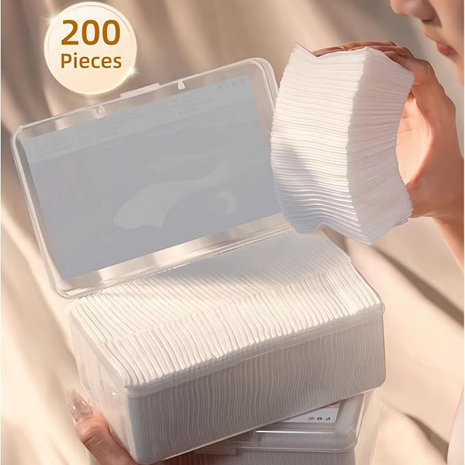 Hypoallergenic Stretchable Cotton Pads 200 Count - Moisturizing Facial Makeup Remover Pads for Sensitive Skin, Plastic Case