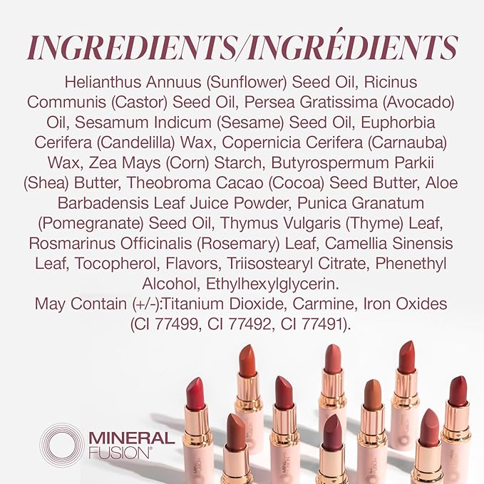 Mineral Fusion Long-Lasting Lipstick, Vivid & Smudge-Free Lip Color with Avocado Oil, Cocoa Seed Butter, Free of FD&C Dyes, Paraben and Gluten, Kir Royale