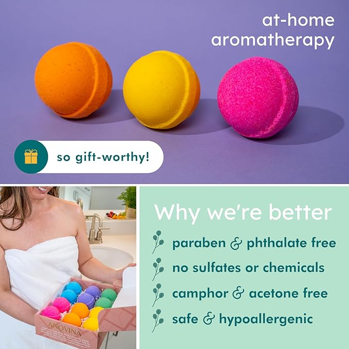 Natural Bath Bombs for Women & Men – Handmade in USA Gift Set with Essential Oils, Shea Butter & Epsom Salt – Non Toxic Spa Bath Bombs for Sensitive Skin – Anovina Relaxation Gift
