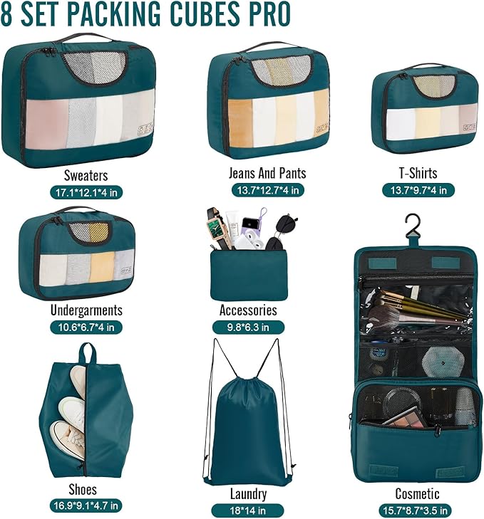 Veken 8 Set Packing Cubes for Travel Essentials, Suitcase Organizer Bags in 4 Sizes, Carry-On Luggage Accessories with Large Laundry & Hanging Toiletry Bag, Must-Have for Airplane, Road Trip & Camping
