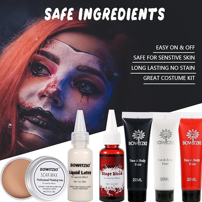 Bowitzki Halloween Makeup Set Special Effects Kit Cream Face Paint Water Based Liquid Latex Fake Blood Brush Sponges Body Painting SFX Zombie Vampire Monster Christmas Party (With Scar Wax)
