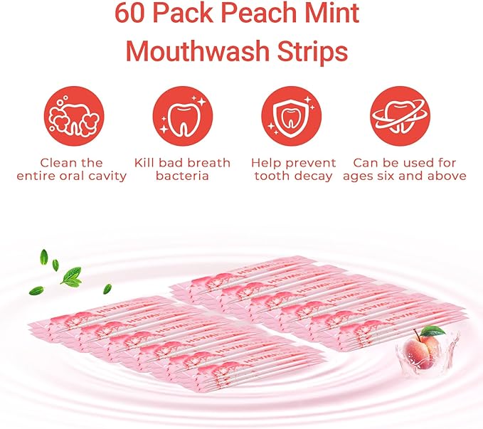 Travel-Size Alcohol & Fluoride Free Peach Mint Mouthwash Packets, 60 Individually Wrapped Portable Packs for Adults, Fresh Breath Peach Mint Flavored Mouthwash for Oral Hygiene, 0.63 Fl Oz Each
