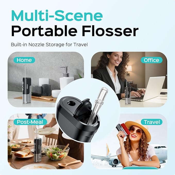 COSLUS Mini Water Flosser for Travel: Portable Compact Design, Cordless Oral Irrigator with 4 Modes, Removable Tank, IPX7 Waterproof for Braces, Orthodontic, Sensitive Teeth On-The-Go Use, Black, T40