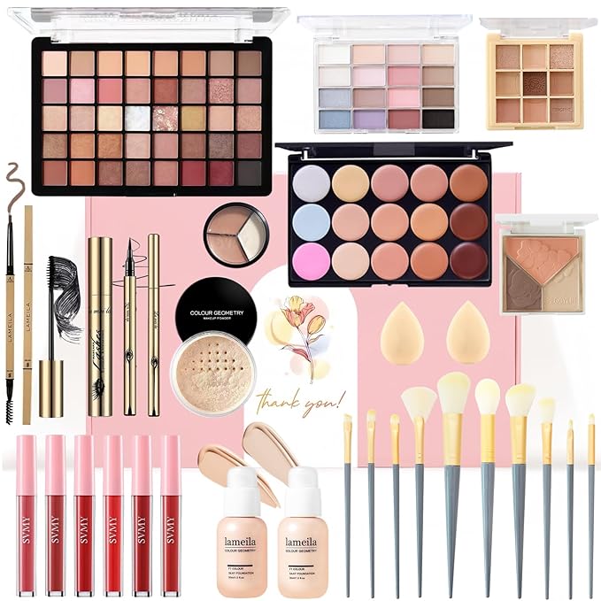All in One Makeup Kit for Women Full Kit, Make Up Gift Set for Teens & Girls, Makeup Essential Bundle Include Foundation Eyeshadow Powder Contour Palette Lipstick Eyeliner Mascara Cosmetic Brush Set