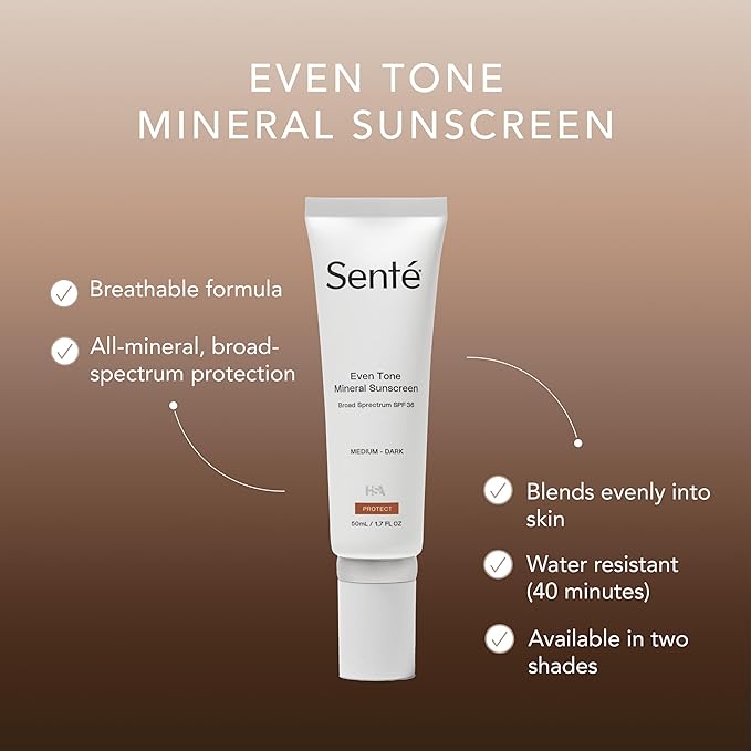 Senté Even Tone Mineral Sunscreen Tinted | SPF 36 Medium-Dark | Hydrating, Lightweight Sun Protection Treatment for Redness & Discoloration | UVA/UVB & Blue Light Defense | 1.7 oz